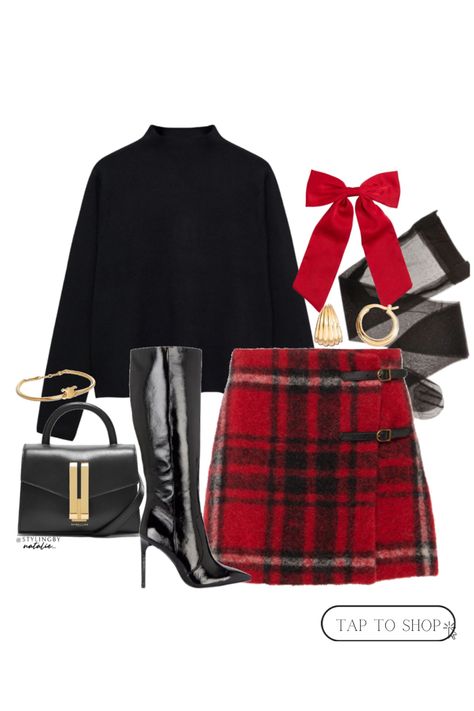 Black high neck sweatshirt, red plaid skirt, knee high heel boots, Demellier bag, red hair bow accessory, tights & gold jewellery. Christmas outfits, holiday outfits, winter style, Christmas Day look, Ralph Lauren style, winter boots, black boots. Knee High Boots Outfit Christmas, Plaid Skirt Holiday Outfit, Plaid Christmas Skirt Outfit, Red Top Black Skirt Outfit, Tartan Outfit Women, Ralph Lauren Christmas Outfit, Red Tartan Skirt Outfit, Red Checkered Skirt Outfit, Red Christmas Outfit Women