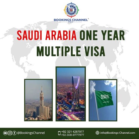 Dear Valued Customers,

Bookings Channel proving Saudia Arabia 1 Year multiple Visa services at affordable cost.

So Do Apply Now to get rid of waste of money every time.

With this Visa you can go anywhere in Saudia..

Want More Details?
For Contact:
📱+92 321 4287977
📱+92 308 8777977
✉️ info@bookings-channel.com 
✉️ faisal@bookings-channel.com 

Our Services:
Visa Consultancy | Air Tickets | Hotels | Transfers | Sightseeing | Umrah Packages | Cruise | Cargo | Sports Travel Visa Service Poster, Phone Screen Wallpaper, Instagram Ideas Post, Service Trip, Instagram Ideas, Screen Wallpaper, Phone Screen, Saudi Arabia, First Year