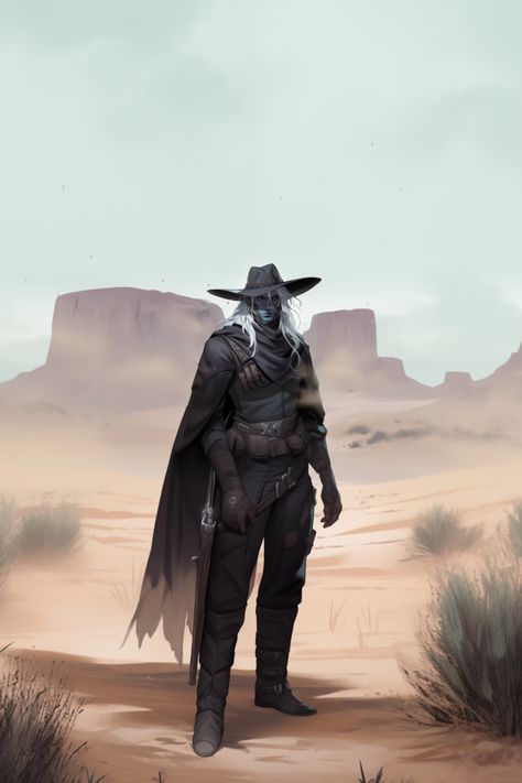 "The Drowboy" if you prefer. Dnd Bounty Hunter Character Design, Dnd Gunslinger Art, Gunslinger Warlock, Drow Gunslinger, Gunslinger Dnd Male, Fantasy Gunslinger, Elf Gunslinger, Dnd Gunslinger, Dnd Cowboy