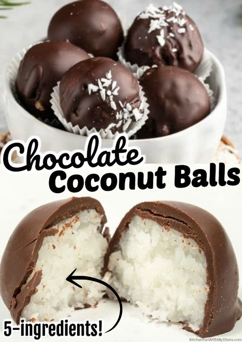 Chocolate Coconut Balls are one of our favorite no-bake holiday treats. A sweet, moist, coconut center, covered in a chocolate coating with only 5-ingredients! These are so Easy to make and always a huge hit with everyone. Chocolate Coconut Recipes, Chocolate Coconut Balls No Bake, Chocolate Covered Balls, Christmas Chocolate Balls, Coconut Candy Balls, Coconut Chocolate Balls Recipe, Chocolate Balls No Bake, Coconut Balls Dipped In Chocolate, Chocolate Coconut Desserts