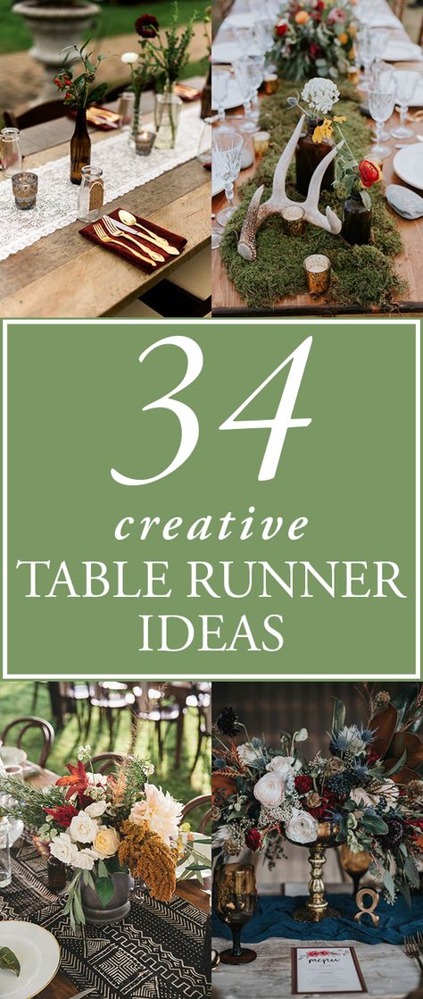 creative table runner ideas Moss Runner Table, Creative Table Runner Ideas, Boho Long Table Decor, Boho Table Runner Wedding, Farmtable Tablescape Wedding, Cheap Table Runner Ideas, Floral Table Runners Wedding, Cheap Table Decorations, Long Table Decorations