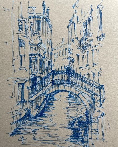 Sketchbook Pen Art, Ink Drawing Architecture, Architecture Drawings Sketches, Blue Ink Drawing Sketch, Building References Drawing, Blue Ink Sketch, Pen Drawing Blue, Graphite And Watercolor, Blue Pen Drawing Sketch