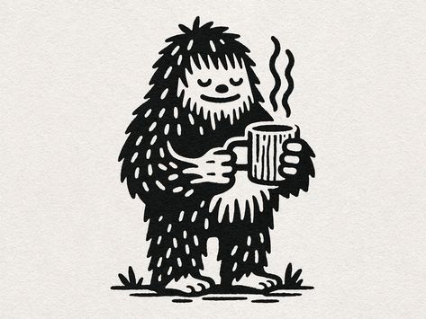 Vintage Coffee Illustration, Bigfoot Art Cute, Coffee Product Design, Frosty Illustration, Pnw Illustration, Big Foot Art, Yeti Illustration, Cute Sasquatch, Foot Illustration