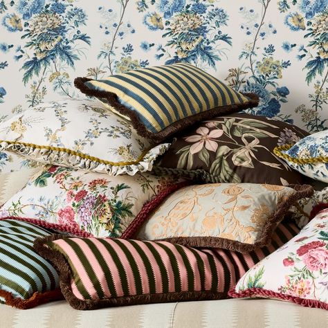 British tradition meets high fashion in enchanting pillows created by couture designer Giles Deacon for English firm Sanderson, holders of the Royal Warrant and famed worldwide for their brilliant prints and patterns. Inspired by an antique block print, the lush bouquets of Giles's Lakeland Paradis are printed in rich, contemporary colors on butter-soft linen and embellished with braided fringe. Printed on 100% linen. Design repeats on back. Finished with 1 1/2" scalloped fringe. Hidden zipper. Block Print Pillows, French Pillow, French Scarf, Giles Deacon, Braided Fringe, Linen Design, British Traditions, Prints And Patterns, English Country Style