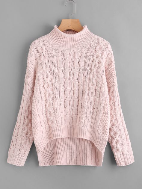 Shop Cable Knit Stepped Hem Sweater online. SheIn offers Cable Knit Stepped Hem Sweater & more to fit your fashionable needs. Poncho Outfit, Knitting Poncho, Pink Pullover Sweater, Turtleneck Style, Asymmetrical Sweater, Latest Sweater, Moda Chic, Hem Sweater, Sweater For Women