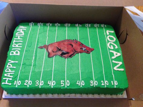 Football Arkansas razorback birthday cake Razorback Birthday Party, Razorback Cake, Razorback Decor, Double Birthday Parties, Football Birthday Cake, Whipped Icing, Arkansas Razorback, Football Birthday Party, Football Cake