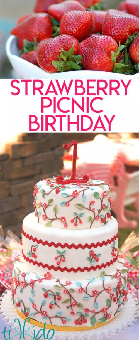 Strawberry Picnic Strawberry Picking Birthday Party, Strawberry Festival Ideas, Picnic First Birthday, Strawberry Picnic, Party Birthday Cake, Happy Birthday Wine, Valentines Birthday Party, Birthday Party Princess, Strawberry Shortcake Birthday