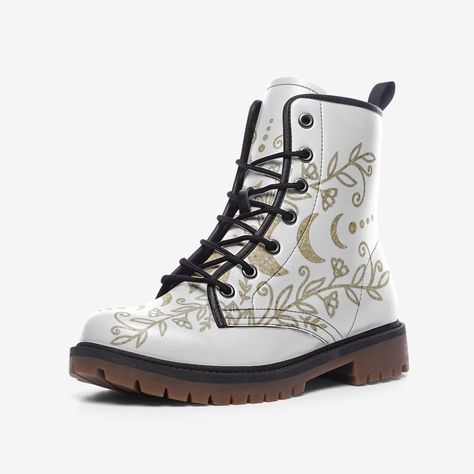 Boots Moon, White Combat Boots, Lightweight Boots, Gold Boots, Trendy Shoes, Moon Phases, Combat Boots, Rubber Sole, Vegan Leather