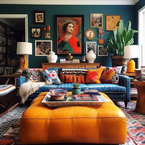 Bright Living Room: 18 Colors Ideas to Try This Year Vibrant Living Room, Apartment Decoration, Retro Living Rooms, Bright Living Room, Ad Magazine, Colourful Living Room, Eclectic Living Room, Hus Inspiration, Styl Boho