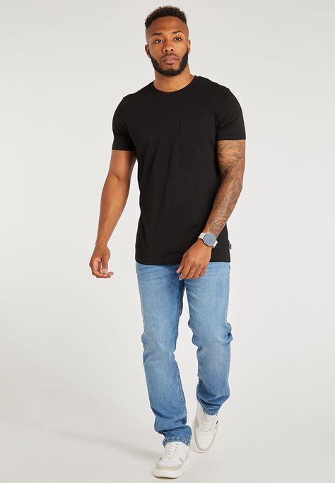 This black slim fit t-shirt is a great versatile piece for your everyday wardrobe. Dress it up with jeans and a jacket for a smart casual outfit or pair with joggers for a laid back look. Features short sleeves, a rounded neckline and a chest pocket. Black Tshirt Outfit Men Casual, Mens Jeans Outfit Casual, Black Tshirt Outfit Men, Black Tshirt Outfit, Jeans And T Shirt Outfit, Jeans Outfit Men, Clothes Board, Shirt Outfit Men, Jeans Outfit Casual