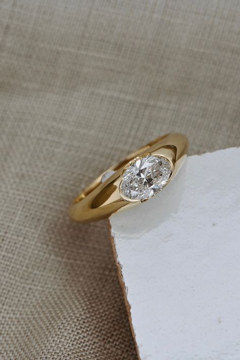 Inset Wedding Rings, Heirloom Jewelry Ideas, Unique Minimal Engagement Rings, Unique Engagement Rings Bezel, Engagement Rings Low Setting, Low Profile Bezel Engagement Ring, Original Wedding Ring, Dome Engagement Ring, Horizontal Wedding Ring