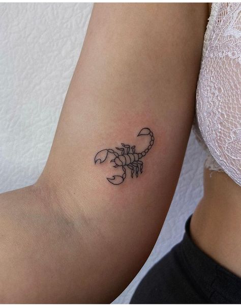 Scorpion Simple Tattoo, Crab With Flowers Tattoo, Squirpion Tattoo, Scorpion Small Tattoo, Minimal Scorpio Tattoo, Small Scorpion Tattoo For Men, Scorpio Wrist Tattoo, Scorpion Tattoo Placement, Small Scorpion Tattoo Woman