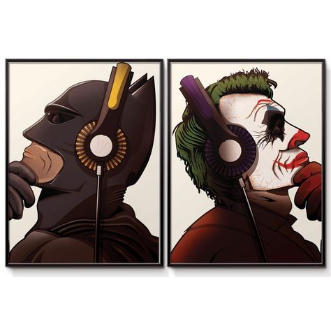 Batman and Joker With headphones. Superhero Music Poster Wall | Etsy Music Poster Wall, Batman And Joker, Comic Superhero, Superhero Room, Superhero Batman, Batman Vs, Batman Joker, Batman Comics, Superhero Comic