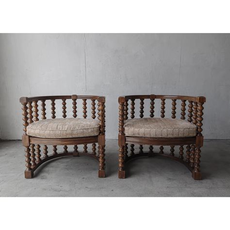 Pair of 1970's Spanish Revival Bobbin Barrel Chairs | Chairish Spanish Revival Bedroom, Palace Furniture, Spanish Style Furniture, Spanish Revival Style, Bobbin Chair, Thinking Chair, Spanish Furniture, Spindle Chair, Barrel Chairs