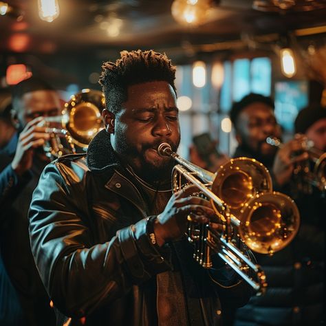 Jazz Trumpet Performance: A passionate trumpeter immersed in his performance during a live jazz session with band members behind. #music #performance #jazz #trumpet #musician #aiart #aiphoto #stockcake ⬇️ Download and 📝 Prompt 👉 https://stockcake.com/i/jazz-trumpet-performance_704794_223764 Marching Band Trumpet, Band Poses, Jazz Trumpet, Free Jazz, Trumpet Players, Live Jazz, Band Photography, Jazz Band, Band Members