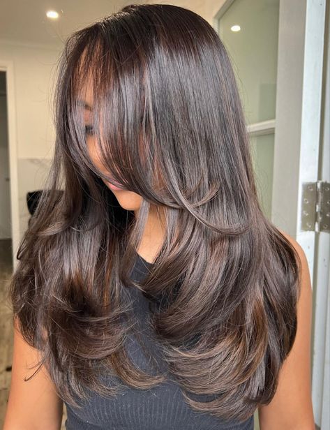 Different Styles Of Layered Hair, Blowouts On Medium Hair, Rounded Long Layers With Face Framing Pieces, Medium Long Haircut With Layers Waves, Mid Length With Long Layers, Butterfly Haircut Dark Brown Hair, Layers And Angles Medium Hair, Layered Hair Extensions Before And After, Long Length Layered Haircuts