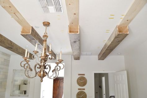 DIY Faux Wood Beams Diy Faux Wood Beams, Ceiling Beams Living Room, Faux Ceiling Beams, Beams Living Room, Faux Beams, Faux Wood Beams, Desain Quilling, Wood Beam Ceiling, Diy Ceiling