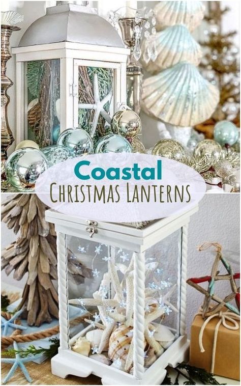 Beach Theme Christmas, Christmas Lantern Ideas, Beachy Christmas Decor, Lantern Crafts, Beach Christmas Decorations, Beach Christmas Ornaments, Beach Themed Crafts, Holiday Lanterns, Florida Christmas