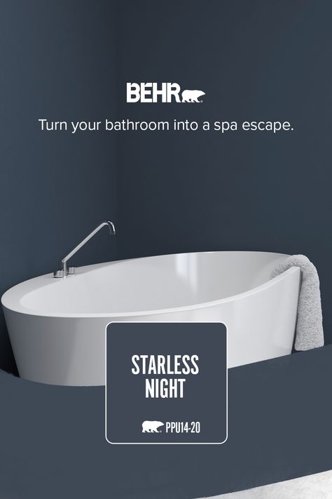 Turn your bathroom into a spa escape with Starless Night, an elegant and soothing blue. Starless Night Behr Paint Bedroom, Behr Starless Night Paint, Dark Blue Gray Accent Wall, Starless Night Behr Paint, Behr Starless Night, Bathroom Paint Colors Behr, Behr Exterior Paint, Bathroom Into A Spa, Warm Grey Paint Colors