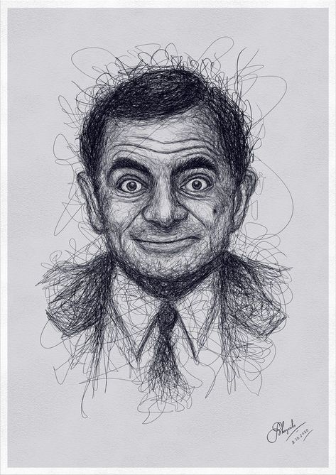 Scribble Portrait Faces, Biro Art Portraits, Scribble Art Drawing, Scribble Pen Art, Scribble Art Creative, Mr Bean Sketch, Scribbled Art, Mr Bean Drawing, Scribbling Art