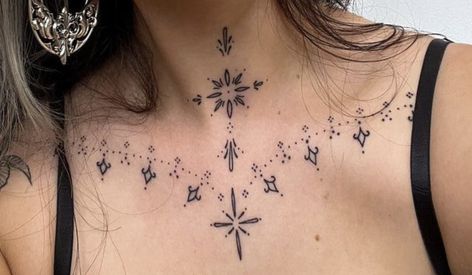 Small Chest Ornament Tattoo, Boho Neck Tattoo, Minimal Throat Tattoo, Jugular Notch Tattoo, Small Under Chin Tattoo Woman, Delicate Throat Tattoo, Ornamental Collarbone Tattoo, Simple Throat Tattoo, Ornamental Collar Bone Tattoo