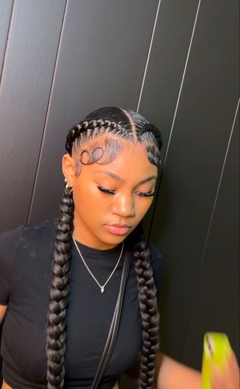 Two Feed In Braids With Designs, Two Dutch Braids With Curls, Quick Teen Hairstyles Black, Braided Hairstyles With Real Hair, 2 Stick Braids, Two Fish Tail Braid Hairstyles, Black Girls Hairstyles Two Braids, Cute Birthday Braids, Fish Braids For Black Hair