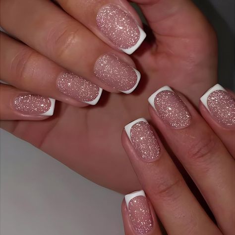 White Tip Nails, Glitter French Tips, Nails Short Square, Press On Nails Short, Acrylic Nail Kit, Nagel Tips, Manicure Tips, Nail Forms, Stick On Nails