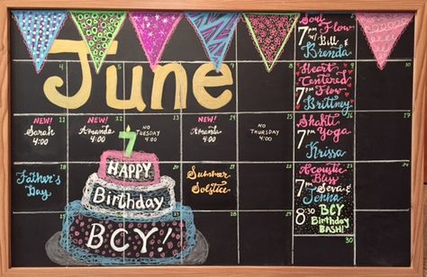 JUNE Chalkboard Calendar for Black Crow Yoga ( their 7th year birthday! ) May Dry Erase Calendar Ideas, June Chalkboard Calendar Ideas, June Chalkboard Calendar, Calendar Chalkboard, Crow Yoga, Chalkboard Inspiration, Whiteboard Ideas, Calendar Doodles, Calendar Themes