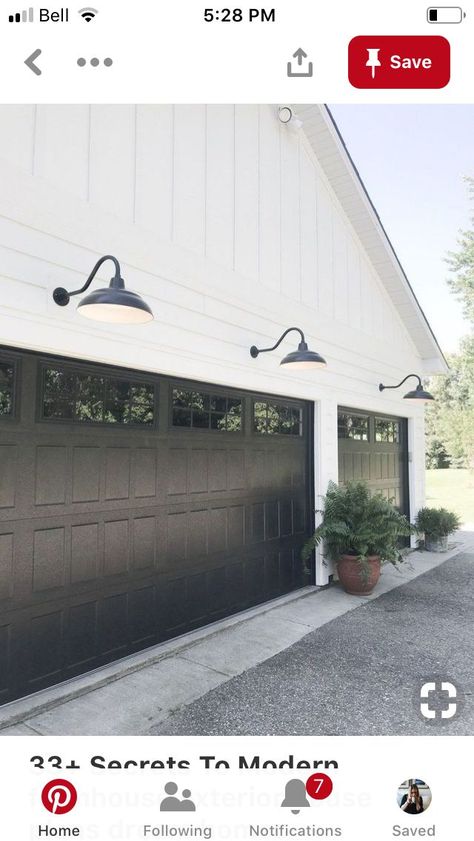 Black Garage Doors, Black Garage, Lighting Farmhouse, Board And Batten Exterior, White Exterior Houses, Garage Door Types, Garage Door Styles, Garage Exterior, Garage Door Design