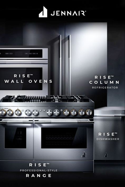 With warm brass-inspired accents, bold, defiant badges and custom handles, the RISE™ Design Expression by JennAir brings indulgent details to any interior design. Offering limitless customization for luxury kitchen appliances that let you design outside the lines. Jennair Appliances, Luxury Kitchen Appliances, Column Refrigerator, Jenn Air Appliances, Kitchen Appliances Luxury, Beverage Centers, High End Kitchens, Faux Finish, Technology Design