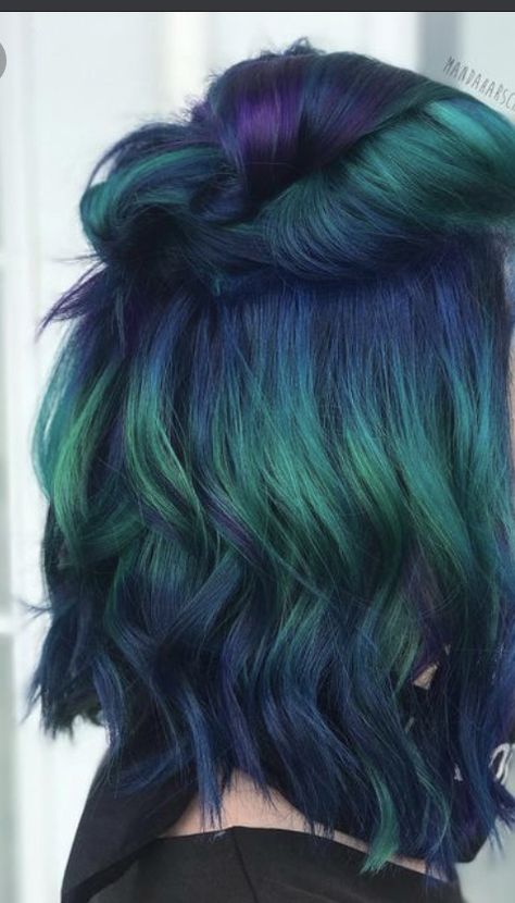 Dark Purple And Teal Hair, Dark Pine Green Hair, Dark To Light Green Hair, Black Green And Blue Hair, Teal Hair Dark Roots, Green And Purple Ombre Hair, Green Blue Ombre Hair, Cosmic Blue Hair, Black Teal Hair