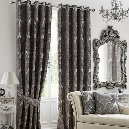 Dunelm Patterned Fully Lined Grey Versailles Charcoal Eyelet Curtains (117cm x 182cm) Beige Curtains Living Room, Curtains Dunelm, Pencil Pleat Curtains, Pleat Curtains, House Blinds, Simple Curtains, Eyelet Curtains, Curtain Sizes, Pleated Curtains