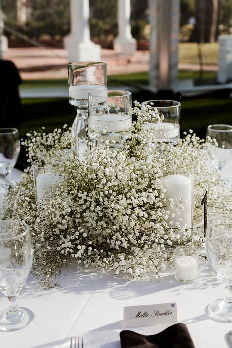 Outside Tent Wedding Decor, Elegant Southern Wedding Dress, White Lace Tablecloth Wedding, Wedding Centerpieces Vase, Greenery And Floral Centerpieces, Wedding Table Gypsophila, Medium Height Centerpieces, Round Table Centerpieces Wedding Outdoor, Babies Breath Candle Centerpiece