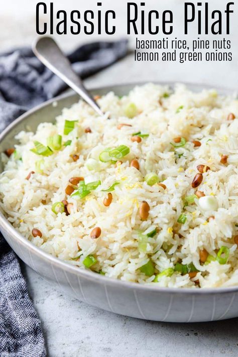 This classic Rice Pilaf Recipe is a super simple rice side dish that has layers of flavor like onions, garlic, lemon, and toasted pine nuts. It makes a great rice side dish. Pine Nut Rice Pilaf, Turkish Rice, Meal Sides, Greek Rice, Pine Nut Recipes, Rice Pilaf Recipe, Pilaf Recipe, Pilaf Recipes, Rice Side