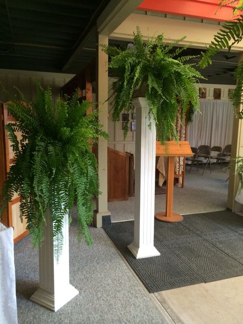 Hawaiian wedding fern on columns inside church Ferns On Pedestals Wedding, Column Decoration Ideas Wedding, Pulpit Decorations Church, Church Decorations Sanctuary, Alter Florals, Pillars Decor, Church Welcome Center, Columns Inside, Wedding Columns