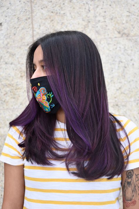 Straight Hair Purple Highlights, Magenta Peekaboo Highlights, Colorful Highlights Brown Hair, Purple Highlights Brown Hair Straight, Hair Color For Black Hair Indian, Violet Hair Highlights, Purple Hair Brown Skin, Purple Hair On Brown Skin, Black And Violet Hair