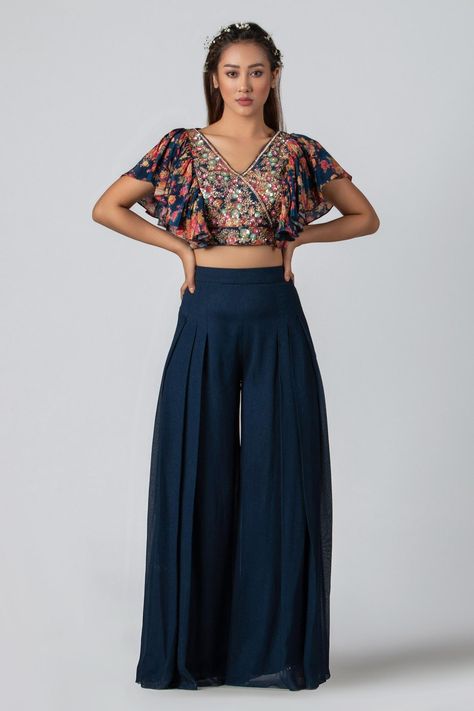 Ethnic Crop Top, Plazo Dress, Plazo Pant, Top And Plazo, Indian Dress Up, Navy Blue Crop Top, Designer Lehengas, Lehenga Blouse Designs, Floral Print Crop Top