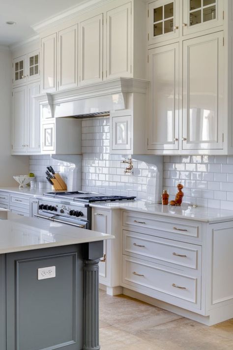 Bright, airy kitchen with classic white cabinets, subway tile backsplash, and stainless steel appliances, showcasing a clean, modern aesthetic. #TheKitchen #AKitchen #WhiteKitchenCabinets #KitchenCabinetColorIdeas White Kitchen With Stainless Appliances, Kitchen With Silver Appliances, White Kitchen Cabinets Stainless Steel, Kitchen Cabinets Stainless Steel, Light Gray Countertops, Off White Kitchen Cabinets, Kitchen Cabinets White, Cabinet Color Ideas, Kitchen Cabinet Color