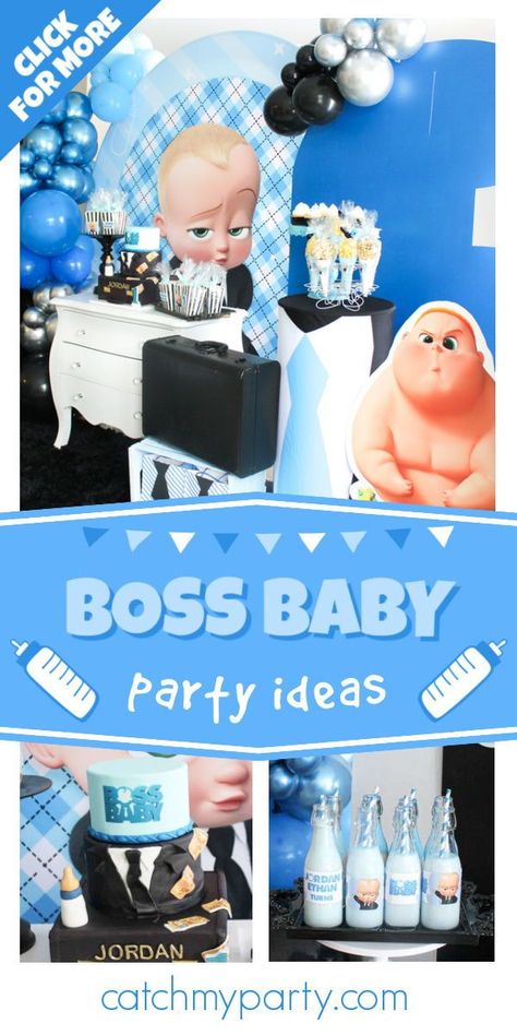 Check out this awesome Boss Baby birthday party! The cake is so much fun! See more party ideas and share yours at CatchMyParty.com Boss Baby Centerpieces Boy, Boss Baby First Birthday Boy, Boss Baby Baby Shower Ideas Boy, Black Boss Baby Birthday Party Boy, Boss Baby Birthday Party Boy, Boss Baby Baby Shower, Boss Baby Birthday Party, Boss Baby Party