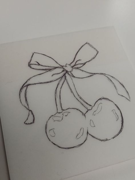 Heart Cherry Drawing, Drawing Idea Step By Step, Bow Cute Drawing, Easy Aesthetic Drawings For Beginners, Cute Doodles To Draw When Bored, Cherries With Bow, Drawing Inspo Simple Easy, Cute Drawing Inspo Easy, Coquette Drawings Aesthetic Easy