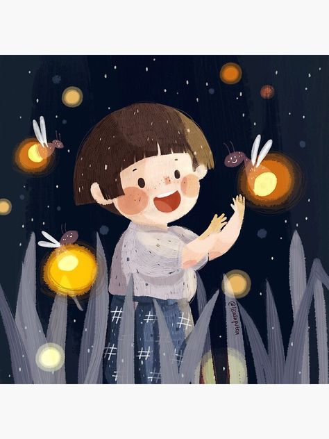 "Fireflies in the summer night" Canvas Print by lisasaputra | Redbubble Firefly Art, Grave Of The Fireflies, Night Illustration, Watercolor Art Lessons, Summer Night, Miyazaki, Colorful Drawings, Anime Scenery, Graphic Design Posters