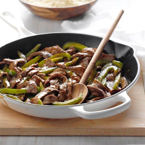 Gingered Pepper Steak Recipe | Taste of Home Chinese Beef Noodle Soup, Green Pepper Steak, Peppered Steak, Beef With Broccoli Recipe, Somerset Kentucky, Chinese Pepper Steak, Beef Entrees, Pepper Steak Recipe, Box Recipes