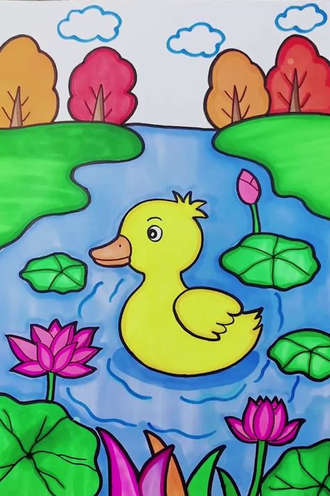 Cute Duck Drawing, Bird Drawing For Kids, Easy Painting For Kids, Basic Drawing For Kids, Scenery Drawing For Kids, Easy Scenery Drawing, Hand Art Kids, Duck Drawing