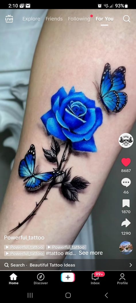 Rose N Butterfly Tattoo, Colorful Cover Up Tattoos, Lower Arm Tattoos For Women Unique, Butterfly Memorial Tattoo, Blue Ribbon Tattoo, Cow Skull Tattoos, Rose And Butterfly Tattoo, Mum Tattoo, Blue Butterfly Tattoo