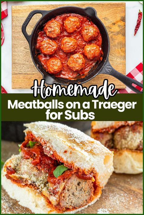 These homemade meatball subs are the perfect meal for dinner or a party. Juicy meatballs are simmered in marinara sauce, topped with melted cheese, and served on toasted sub rolls. Whether you're making them on the stovetop or a Traeger grill, this recipe is quick and delicious. Perfect for kids and adults alike, these meatball sandwiches will be a hit at your next BBQ or family meal. Tap to see the recipe for the best meatball subs! Meatball Appetizers, Homemade Meatballs Easy, Meatball Sandwiches, Meatball Sub Recipe, Juicy Meatballs, Meatball Sub, Best Meatballs, Bacon Mac And Cheese, Pellet Grill Recipes