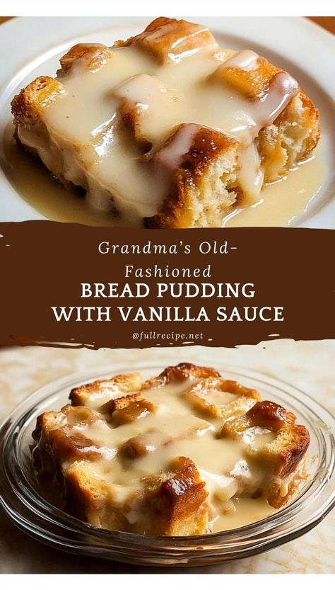 Grandma’s Old-Fashioned Bread Pudding with Vanilla Sauce is a heartwarming dessert that embodies the spirit of home and tradition. This comforting creation turns simple ingredients like day-old bread, milk, eggs, and warm spices into a rich, custardy delight, evoking memories of family gatherings and cherished recipes passed down through generations. With a luscious vanilla sauce cascading over the warm pudding, each bite offers a delightful blend of flavors and textures. Sweet and satisfying, this bread pudding is more than just a dessert; it’s a nostalgic reminder of the love and care infused into every homemade meal, making it a cherished favorite for any occasion. Grandmas Old Fashioned Bread Pudding With Vanilla Sauce Recipe, Grandmas Old Fashion Bread Pudding With Vanilla Sauce, Bread Pudding With Custard Sauce, Famous Daves Bread Pudding Recipe, Delicious Mrs Brown Recipes, Old Fashioned Dinners, Homemade Pudding Mix Recipes, Classic Bread Pudding Recipe, How To Make Bread Pudding