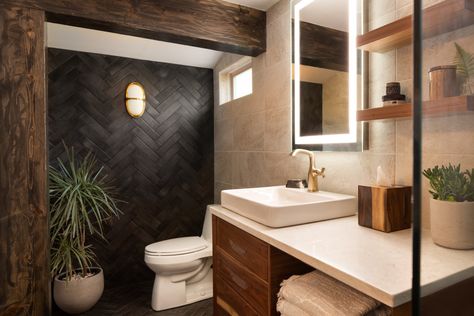 Ross - Master Bath - Contemporary - Bathroom - Kansas City - by Buck Wimberly, ULAH Interiors + Design | Houzz Black Herringbone Tile Bathroom, Beige Tile Bathroom, Herringbone Tile Bathroom, Black Tile Bathrooms, Small Master Bath, Small Full Bathroom, Bathroom Remodel Pictures, Beige Tile, Master Bath Remodel