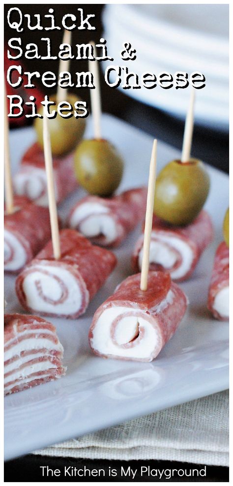 Quick Salami & Cream Cheese Bites ~ A super EASY classic party crowd-pleaser you can whip up in minutes! #partyfood #gameday #salami #salamibites www.thekitchenismyplayground.com Roof Picnic, Salami Appetizers, Carnivore Appetizers, Salami Cream Cheese, Salami Appetizer, Cream Cheese Bites, Cream Cheese Roll Up, Party Crowd, Cream Cheese Rolls