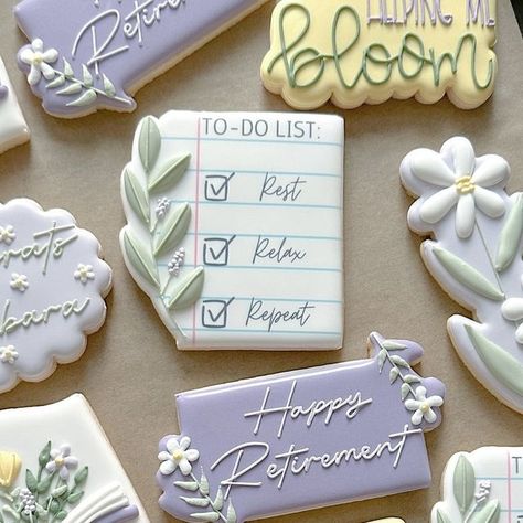 Nicole Phelps on Instagram: "Retirement cookies for a literacy specialist 📖📝🌼 . . . . . . . . . . . . . . . . . . . . . #sandiegocookies #cookiesofinstagram #cookies #sandiegobakersclub #sandiego #retirementcookies #designedwithcanva #cookiedecorating #bakersofig #sweet #cookieart #food #floralcookies #partyideas #partyplanner #canva #cookie #cookiedecorating #foodnetwork #bookcookies #customcookies #cute #love #delicious #literacy #bakersspotlight #literacyspecialist #photooftheday #sugarcookies" Retirement Cookies Decorated For Woman, Retirement Decorated Cookies, Get Well Cookies Decorated, Retirement Party Cookies, Retirement Cookies Ideas, Retirement Cookies Decorated, Retirement Sugar Cookies, Goodbye Cookies, Get Well Cookies