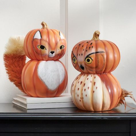 Woodland Pumpkins - Owl and Fox | Grandin Road Pumpkin Chalkboard, Halloween Party Menu, Unique Halloween Decorations, Scary Halloween Decorations Diy, Pumpkin Decorating Contest, Halloween Symbols, Pumpkin Contest, Pumpkin Halloween Decorations, Scary Pumpkin